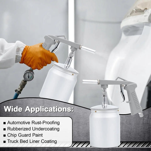Heavy Duty Pneumatic Undercoating Spray Gun With 33 Oz Suction Feed Cup For Truck Bed Liner And Rubberized Rustproofing in use for coating.