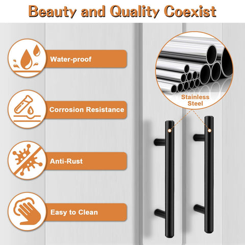 5 Pack 3-3/4 Inch Hole Centers Solid Stainless Steel Round T Bar Cabinet Pulls Black, waterproof, corrosion-resistant, anti-rust