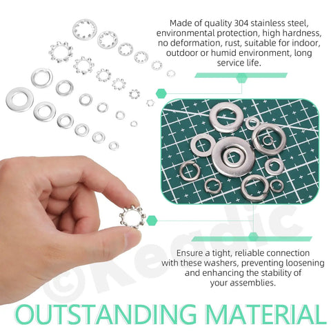 Massive 400 Piece Washer Set Kit With Split Lock Washers, External And Internal Star Washers, And Flat Washers In Sturdy 304 Stainless Steel, Imperial Sizes Six, Eight, Ten And One Quarter, Five Sixteenths, Three Eighths Inch, assorted washers