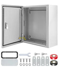 Heavy Duty Electrical Junction Box 16x12x8 Inch IP66 Nema 4X Rated Steel Enclosure with open door, tools, and mounting hardware.