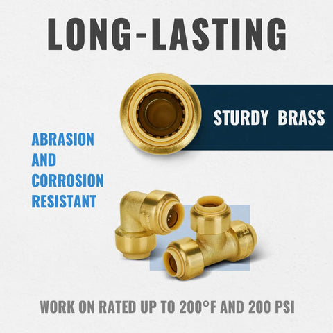 1/2 Inch Push-Fit Fittings Bulk Pack No Lead Brass Elbow 90 Degree (10) and Tee (5) for PEX Copper CPVC displayed with features