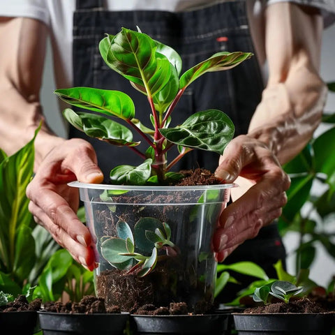 Person holding a seedling in a clear see-through pot. Clear Nursery Pots Set For Plants 3.5, 5, 6 Inch With Drainage Holes Flexible.