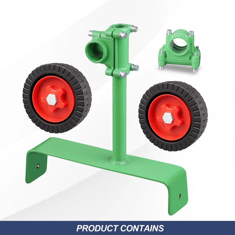 Adjustable String Trimmer Support Wheel Attachment For 26mm And 28mm Poles ergonomic pulley roller with red wheels and green frame.