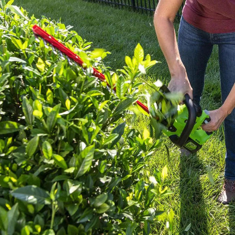 Cordless 24V Hedge Trimmer With 22 Inch Laser Cut Blades, Dual Action Steel, 4Ah Battery And USB Charger Included in use