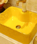 Rectangle Vessel Sink For Bathroom,Gold Bathroom Ceramic Vessel Sink Above Counter Bathroom Vanity Sink Bowl with floral design.