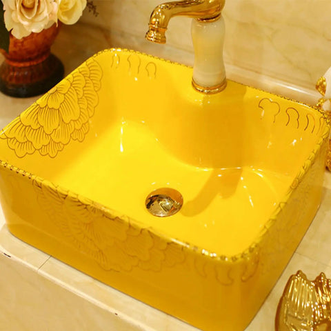 Rectangle Vessel Sink For Bathroom,Gold Bathroom Ceramic Vessel Sink Above Counter Bathroom Vanity Sink Bowl with floral design.