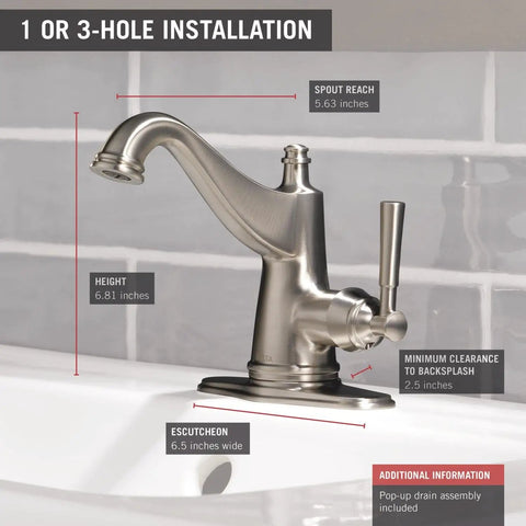 Single Hole Bathroom Faucet In SpotShield Brushed Nickel With Drain Assembly And Worry Free Drain Catch, 1 or 3-hole installation view
