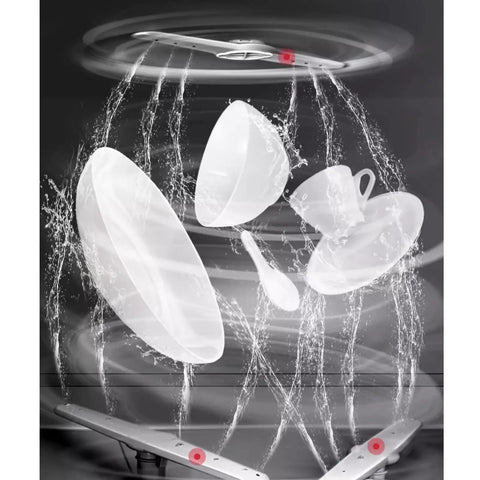 Sleek Fully Automatic Countertop Dishwasher With Uv Wash Cycle And Wall Mounted Design For Tight Counter Spaces Heavy Duty images of dishes being washed with water spray.