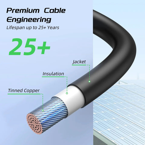 Cross-section of two 30 Ft 10 AWG solar panel extension cable showcasing tinned copper, insulation, and jacket