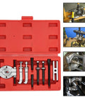 9 Piece Bearing Separator Puller Set Portable Bearing Removal Tool Kit in red case with images of automotive use