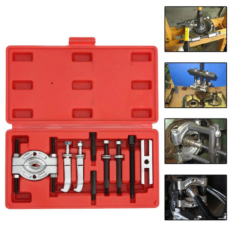 9 Piece Bearing Separator Puller Set Portable Bearing Removal Tool Kit in red case with images of automotive use