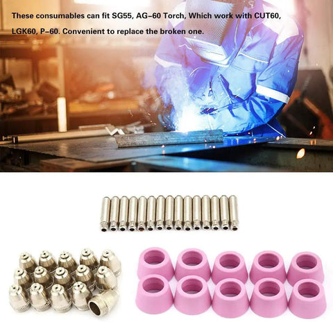 Jiawu Plasma Cutter Consumables Kit With 40 Pieces Electrode Nozzles And Ceramic Cups For CUT60 LGK60 Torch includes nozzles and cups.