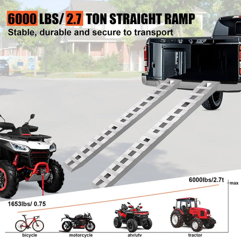 Heavy Duty Aluminum Car Ramps For Slammed Rides And Low Clearance Vehicles Featuring Six Thousand Lb Load Rating With Extra Long Eighty Four Inch Gentle Approach Angle Designed To Protect Bumpers During Daily Driver Maintenance Plus Two Pack, showing ramps positioned for secure loading.