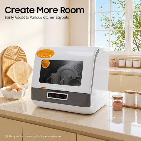Hassle Free Portable Countertop Dishwasher With Durable Stainless Steel Body And High Pressure Spray Nozzles 110V Compact Mini Washer on kitchen counter with dishes.