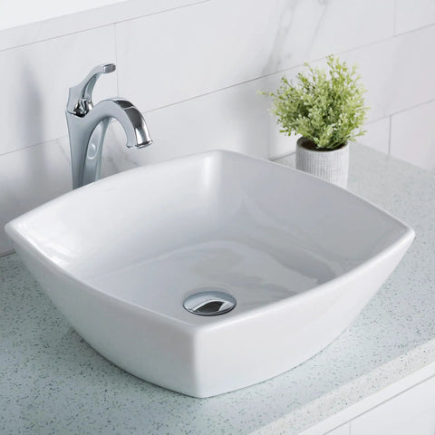 Elavo Square Vessel Sink In White Porcelain Ceramic For Bathrooms, 16.5 Inch, Easy Clean, No-Fuss Maintenance, Scratch-Resistant Glossy Finish, Installation-Ready Bathroom Basin KCV-126 on countertop with faucet