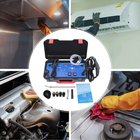 Powerful 3000W High Temperature Steam Cleaner For Home And Auto Use, shown cleaning kitchen hood, air conditioner, car engine, stove.