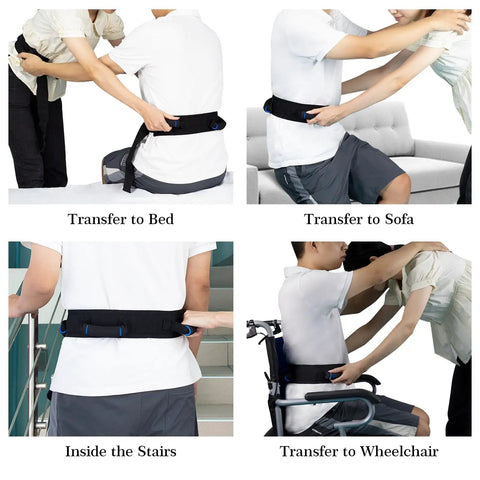 Gait Transfer Belt For Seniors With Three Handles And Quick Release Buckle used for transfers in various settings, black.