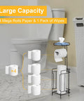 Bathroom scene showing Two Pack Free Standing Toilet Paper Holder Rack With Black Metal Dispenser Shelf and 4 rolls