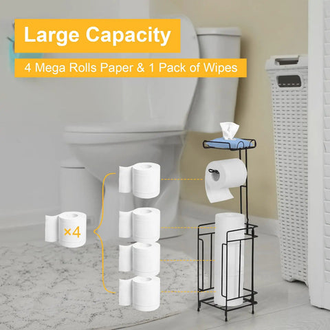 Bathroom scene showing Two Pack Free Standing Toilet Paper Holder Rack With Black Metal Dispenser Shelf and 4 rolls