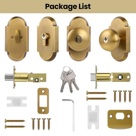 Antique Brass Door Knob With Deadbolt, Keyed Alike Exterior Lock Set, zinc alloy hardware, full package contents