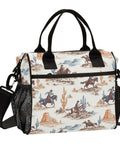 Desert Cowboys Insulated Lunch Bag With Adjustable Shoulder Strap, vintage horses design, mesh pockets, large size shown.