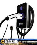 Wall Mount 50 Amp Level 2 EV Charger 12 Kw 240 Volt With Bluetooth And Slick Smart Wifi App Control 23 Foot Cord Durable Frame close-up view.