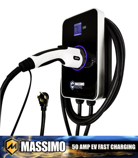 Wall Mount 50 Amp Level 2 EV Charger 12 Kw 240 Volt With Bluetooth And Slick Smart Wifi App Control 23 Foot Cord Durable Frame close-up view.