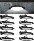 10 Pack UFO LED High Bay Lights 150W 19500 Lumens 6000K Ultra Bright Heavy Duty Shop Lighting For Warehouse Factory Workshop Garage Barn Ceiling Mount Plug And Play 120V UL hanging in warehouse
