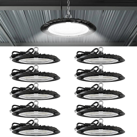 10 Pack UFO LED High Bay Lights 150W 19500 Lumens 6000K Ultra Bright Heavy Duty Shop Lighting For Warehouse Factory Workshop Garage Barn Ceiling Mount Plug And Play 120V UL hanging in warehouse