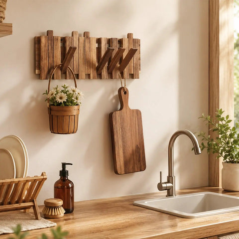 Premium Acacia Wood Wall Mounted Coat Rack With Eight Retractable Hooks, Space Saving Flip Down Entryway Stand, Zero Drama Install And Heavy Duty Grip For The Daily Grind in a kitchen setting, displaying hooks and a cutting board.