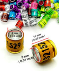 100Pcs Multicolor Aluminum Pigeon Leg Rings For Easy Identification And Training Birds Foot Bands shown in assorted colors.