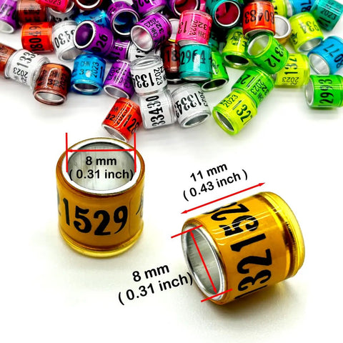 100Pcs Multicolor Aluminum Pigeon Leg Rings For Easy Identification And Training Birds Foot Bands shown in assorted colors.