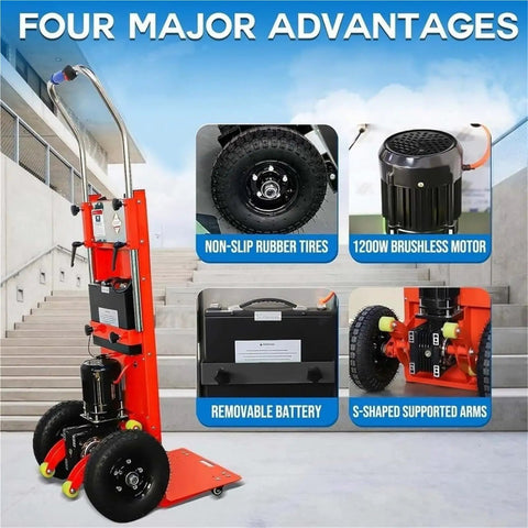 Heavy Duty Electric Stair Climbing Dolly With Powerful 1200W Motor And Smooth Folding Design For Moving Heavy Loads Like A Pro During Tight Moves Or Industrial Grinds Easily, showcasing non-slip tires and removable battery.