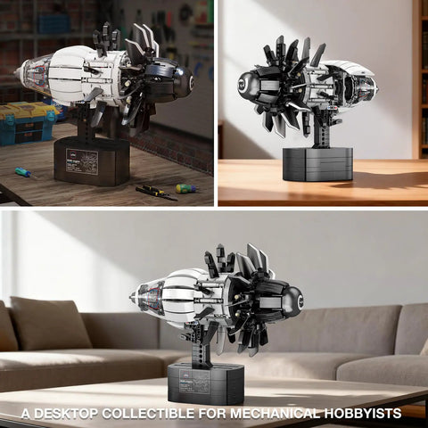 Motorized Jet Turbofan Engine Model Kit With 1351 Pieces, Realistic Aircraft Engine Build for Adults, displayed in various angles.