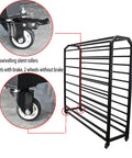 Close-up of Heavy Duty Metal Vinyl Storage Cart With 18 Adjustable Rods And Smooth Rolling Lockable Casters showing swivel wheels.