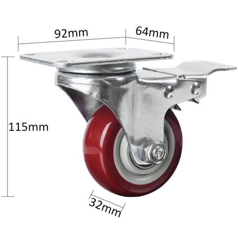 heavy-duty locking caster wheels with brakes, 3-inch size, steel and red polyurethane, 2200 lb total capacity, smooth rolling