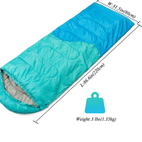 Three Season Sleeping Bag For Adults And Kids, Lightweight Yet Warm Camping Gear With Waterproof Nylon Shell, Dimensions Shown