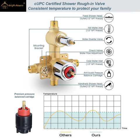 Diagram of Rainfall And Handheld Shower System With Dope Spa Vibe Temperature Balanced Valve, solid brass construction