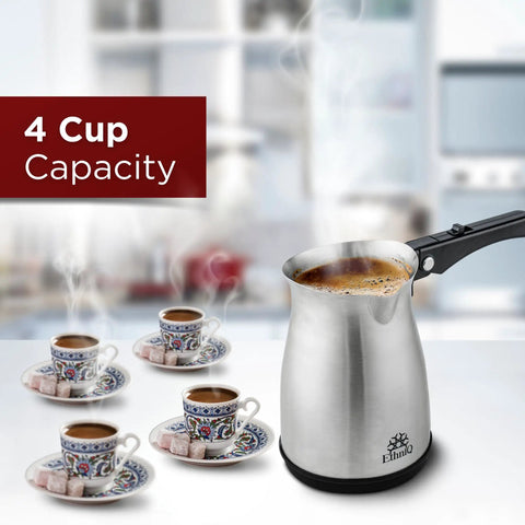 Your Go To Turkish Coffee Pot Stainless Steel 120V 1 To 4 Cup Electric Cezve With Foldable Handle shown beside four coffee cups.