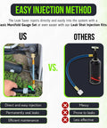 Comparison of Direct Inject UV Dye Leak Sealer and alternative product for easy leak detection in home appliances and HVAC systems.