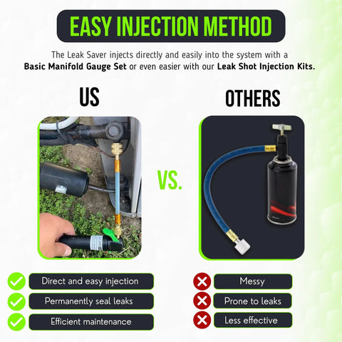 Comparison of Direct Inject UV Dye Leak Sealer and alternative product for easy leak detection in home appliances and HVAC systems.