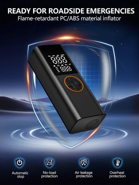 Portable Tire Inflator Air Compressor With 150 PSI Cordless Convenience On The Go USB Output Dual Power displayed on futuristic background