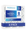 Four Pack Pleated Air Filters 14x14x1 MERV 8 MPR 600 For Furnace HVAC AC Replacement Exact Size 13 3/4 x 13 3/4 x 3/4 Inches