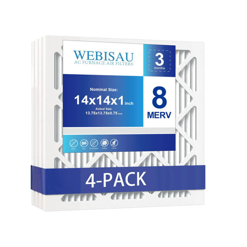 Four Pack Pleated Air Filters 14x14x1 MERV 8 MPR 600 For Furnace HVAC AC Replacement Exact Size 13 3/4 x 13 3/4 x 3/4 Inches