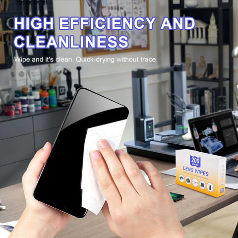 Front view of a 200-piece lens wipes box used to clean a smartphone screen.