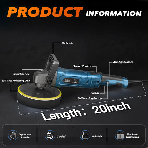 Powerful 1600W Buffer Polisher For Cars, 6 Inch Or 7 Inch Rotary Waxer with detachable handle and ergonomic design.