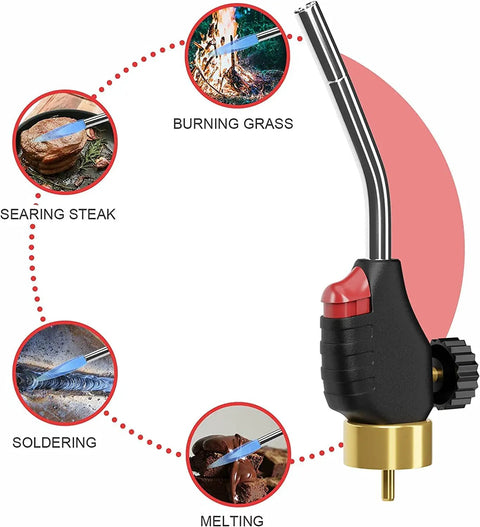 Propane Gas Welding Torch With Adjustable Webbed Flame, 360 Degree Rotating Tube, shown with applications for soldering, searing
