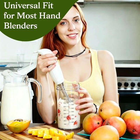 40 Oz Glass Blending Cup For Immersion Blenders With Dual Sealed Lids in use for smoothie blending with fruits.