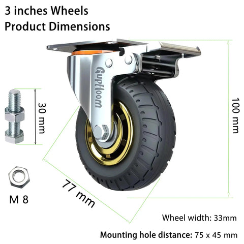 3 Inch Heavy Duty Rubber Swivel Caster Wheels Non Marking Quiet Roll With Anti Skid 360 Degree Ball Bearing Steel Yoke Pre Drilled Top Plate