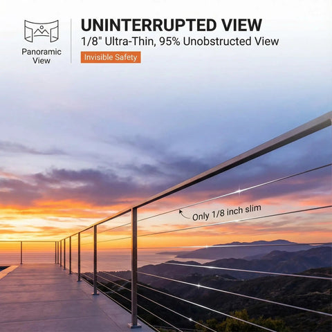 Beefy 100 Foot One Eighth Inch T316 Stainless Steel Wire Cable With Cutter used in deck railing against sunset view.
